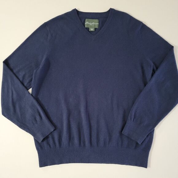 Eddie Bauer Cotton/Cashmere Men's V-neck Navy Sweater - Picture 2 of 11